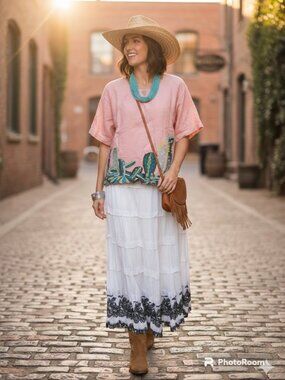 MULITPLES LADIES BOHO MAXI SKIRT WITH BLACK LACE‎ TRIM